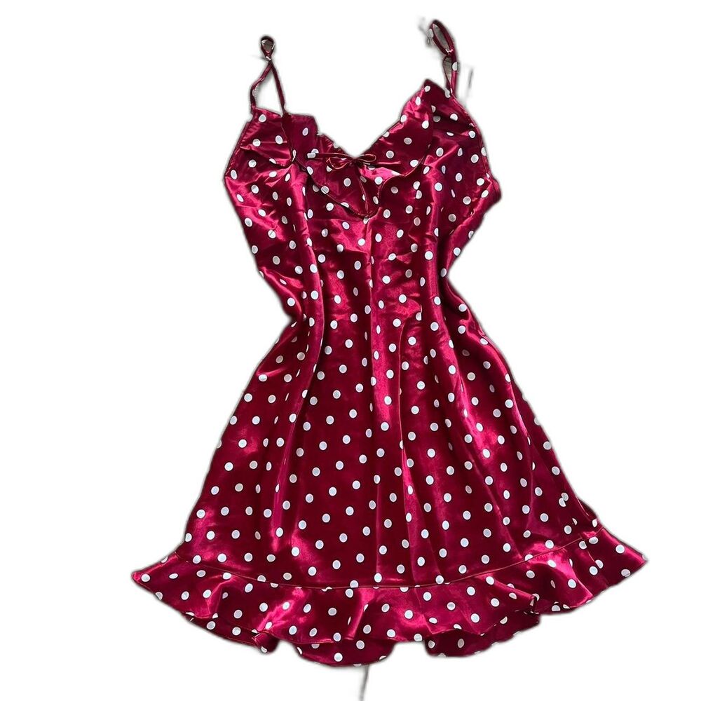 Vintage Retro Red White Polka Dot Mini Slip Dress Nightgown Chemise Size L